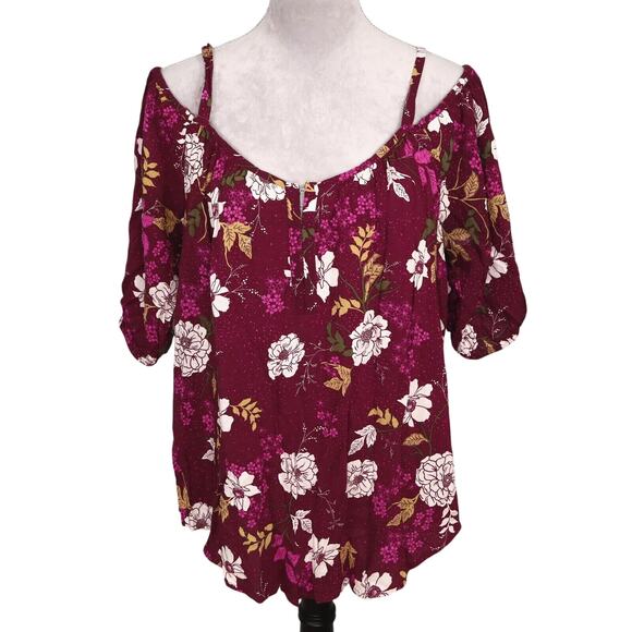 torrid Tops - Torrid Top Plus Size 1X Plum White Floral Off Shoulder Spaghetti Straps Blouse